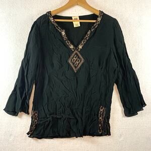 VTG Faded Glory Women Artisian Inspired‎ Tunic Top Sz L Black Embroidered India